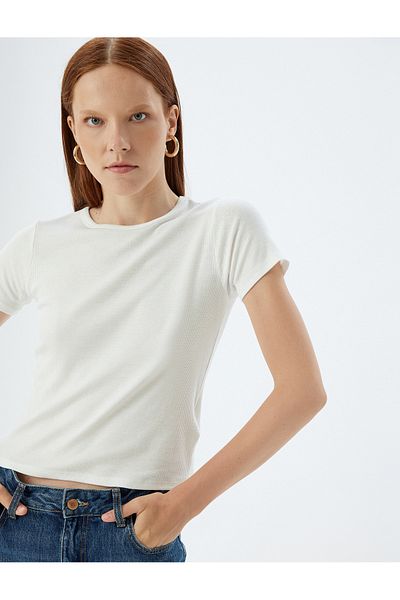 Koton Short Sleeve Crew Neck Viscose Fabric Basic Ribbed T-Shirt