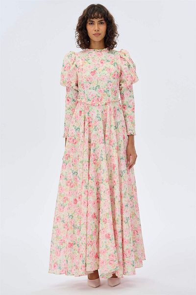miha Hicran Önal Pink Floral Patterned Puffy Dress with Sleeves