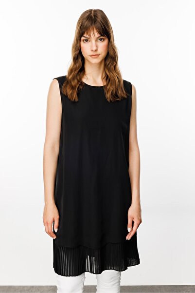 Micca Sıfır Kol Ön Bedeni Aller Şifon Kaplı Alt Kısmı Pilise İçi Penye Tunik - Bluz-Siyah