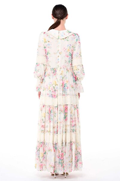 miha Hicran Önal Ecru Colored Baby Collar and Gather Detailed Dress