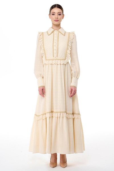 miha Hicran Önal Ecru Color - Layered Ruffle Detailed Glitter Dress
