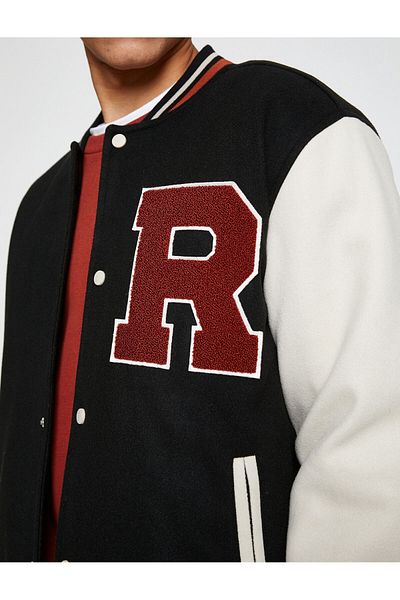 Koton College Jacket Bomber Collar Embroidered Detailed Snap Button Pocket