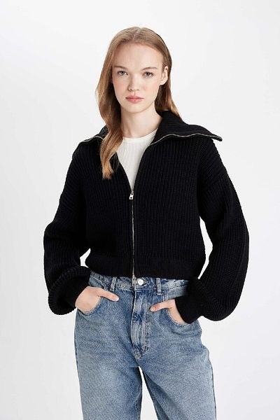 DeFacto Slim Fit Slim Fit Basic Plain Zip-Up Stand Collar Knitwear Cardigan A3333Ax24Wn