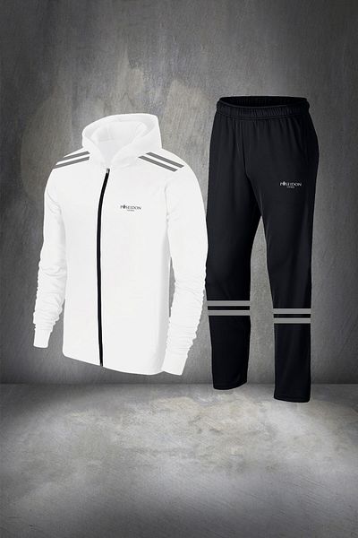 POSEIDON STORM Men's White Tracksuit Set - Plus Size, Comfortable Hood, Pocket, Supra Combed Cotton Fabric 4xl-10xl