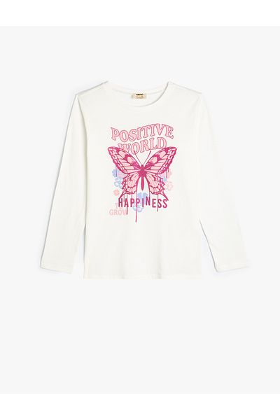 Koton Long Sleeve Cotton T-Shirt - Butterfly Printed, Crew Neck