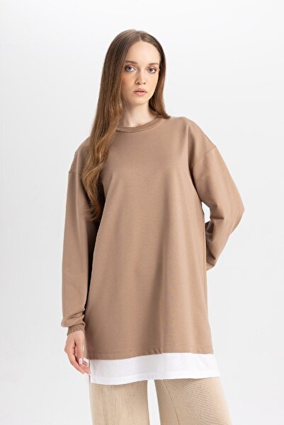 DeFacto Regular Fit Bisiklet Yaka Basic Düz Etek Ucu Detaylı Sweatshirt Tunik A9527AX24WN