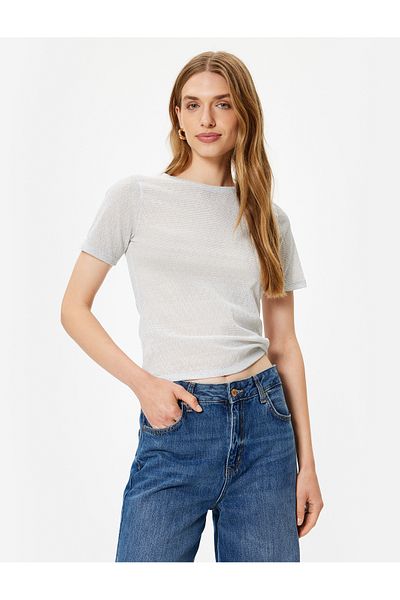 Koton Tricou cu mânecă scurtă, cu decolteu, slim fit, cu textura strălucitoare