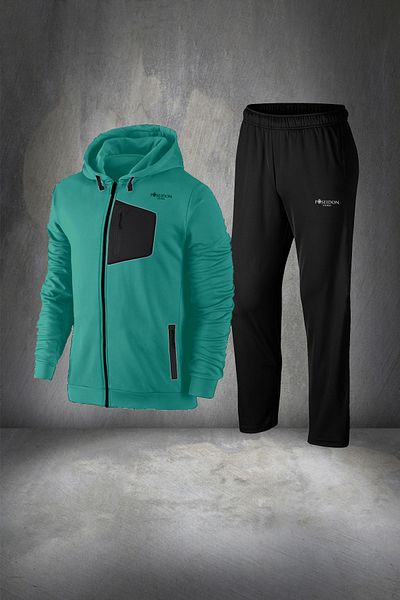 POSEIDON STORM Men's Water Green Large Size Walking Set - Comfortable Regular Fit, Hooded, Supra Combed Cotton Fabric 4-10xl