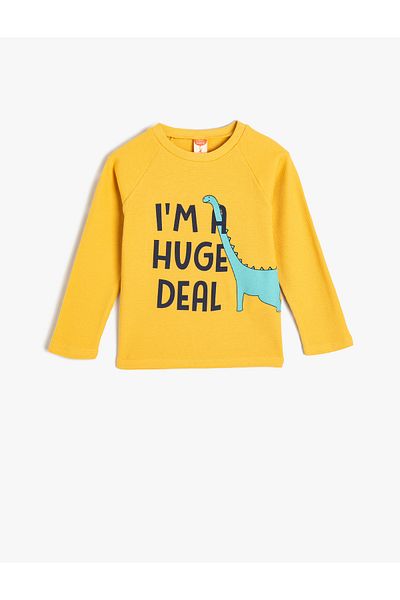 Koton Cotton Long Sleeve Dinosaur T-Shirt - Crew Neck