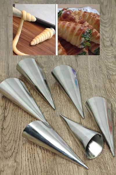 RoseRoi Metal 6-Piece Cornet Dough Mold Inox Set Funnel-Shaped Dessert Mold