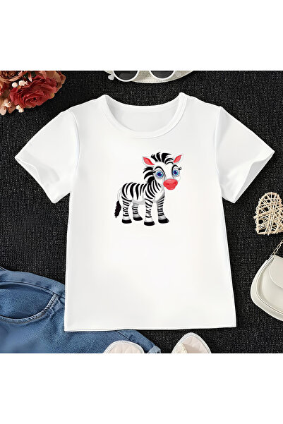 CDA Tricou alb cu zebră drăguță unisex pentru fetiță și băiat