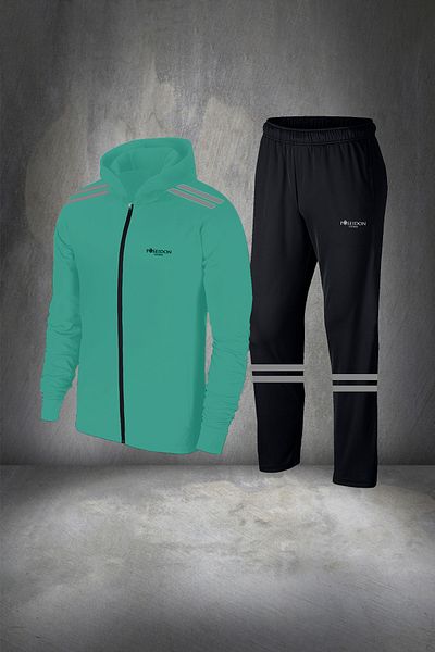 POSEIDON STORM Water Green Large Size Men's Tracksuit Top and Bottom Set - Comfortable Zippered, Hooded 4-1