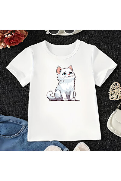 CDA Унисекс тениска за бебе момиче и момче, бяла, с котенце