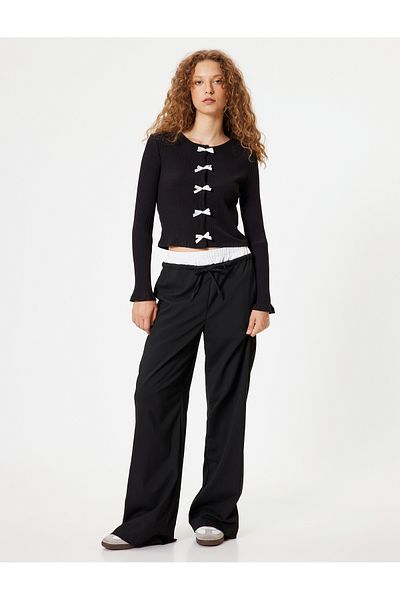 Koton Crew Neck Bow Cardigan - Long Sleeve and Button