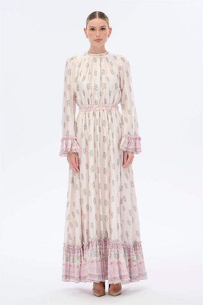 miha Hicran Önal Beige Long Dress - Collar and Cuff Drawstring Detail