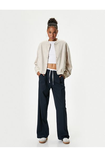 Koton Suede Look Bomber Jacket - Snap Button, Pocket Detail and Ribbed