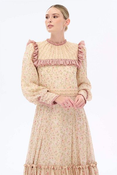 miha Hicran Önal Beige Colored Floral Printed Dress
