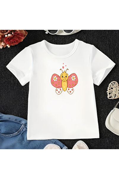 CDA Tricou alb pentru fetiță și băiețel unisex Pink Butterfly