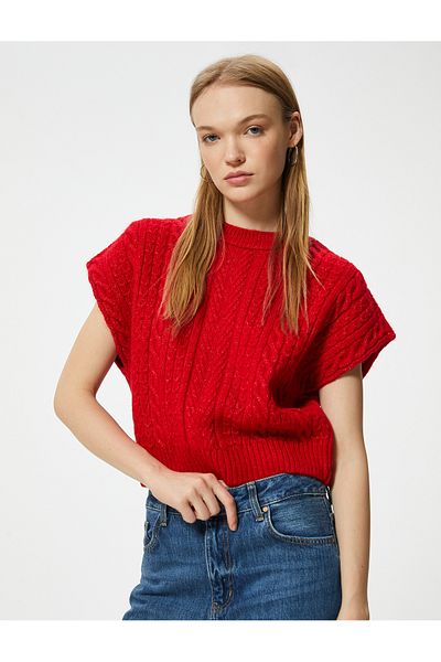 Koton Crew Neck and Bat Sleeve Knitted Textured Sweater