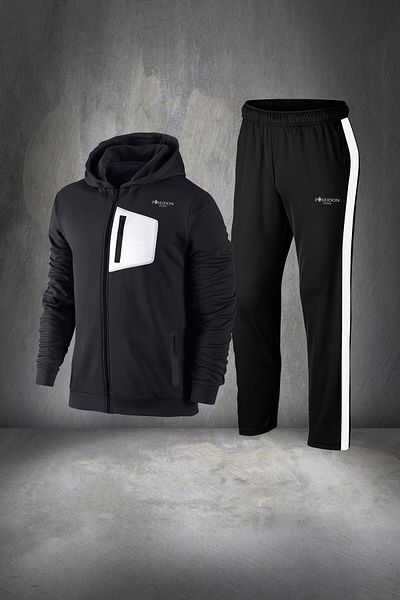 POSEIDON STORM Large Size Black Supra Combed Cotton Tracksuit Set - Comfortable Wear with Front Pocket 4xl-10xl
