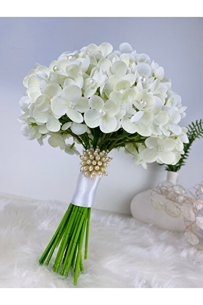 Buketlife İncili beyaz ortanca gelin çiçeği gelin buketi yaka çiçeği