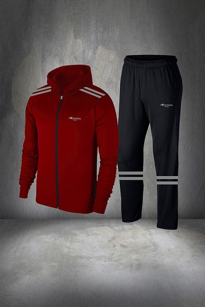 POSEIDON STORM Men's Claret Red Supra Combed Cotton - Zippered Hooded Running and Walking Set 4xl-10xl