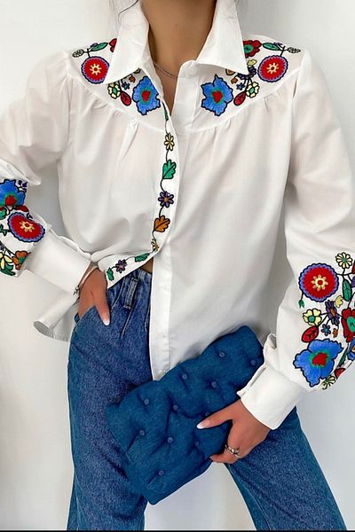FURKAN EXCLUSIVE Women's White Shoulder And Sleeve Floral Embroidery Shirt