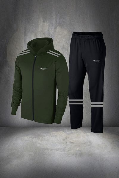 POSEIDON STORM Men's Khaki Special Supra Combed Cotton - Zippered Hooded Running Suit, Pocket, Large Size 4xl-10xl