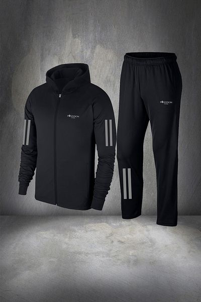 POSEIDON STORM Plus Size Men's Running Tracksuit Set - Black, Zippered Hood, Supra Combed Cotton - 4xl-10