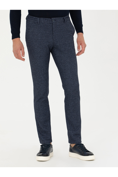 Cacharel Lacivert Ex. Slim Fit Yün Kaşmir Karışımlı Beli Bağcıklı Çizgili Kumaş Pantolon 50272672-VR033