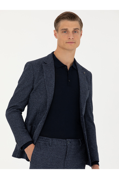 Cacharel Lacivert Ex.Slim Fit Yün Kaşmir Karışımlı Çizgili Ceket 50272673-VR033