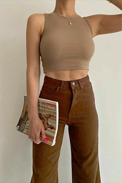 Trn JNS Delmeira Brown Lycra - Σούπερ ψηλόμεσο φαρδύ τζιν παντελόνι Palazzo (φαρδύ πόδι)