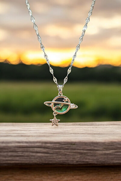 dani aksesuar Pırlanta Taşlı 14 Ayar Beyaz Gold Kaplama Gezegen Özgürlük Kadın Kolye