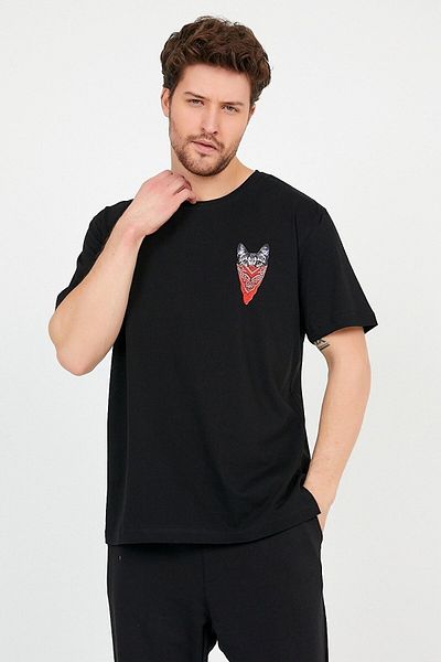 New Shine Unisex Μαύρη μάσκα γάτα με στάμπα Loose Fit Oversize βαμβακερό μπλουζάκι