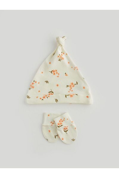 LC Waikiki Lw - Floral Patterned Baby Girl Beret and Gloves Set