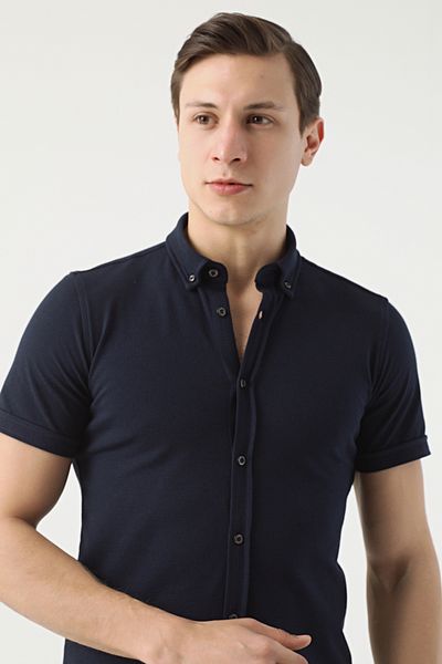 Twn Slim Fit Navy Blue κοντομάνικο πουκάμισο 100% βαμβάκι