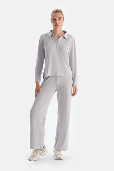 Dagi Gray Melange High Waist Wide Leg Basic Trousers