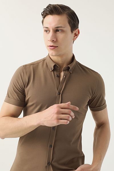 Twn Slim Fit Mink κοντομάνικο πουκάμισο 100% βαμβάκι