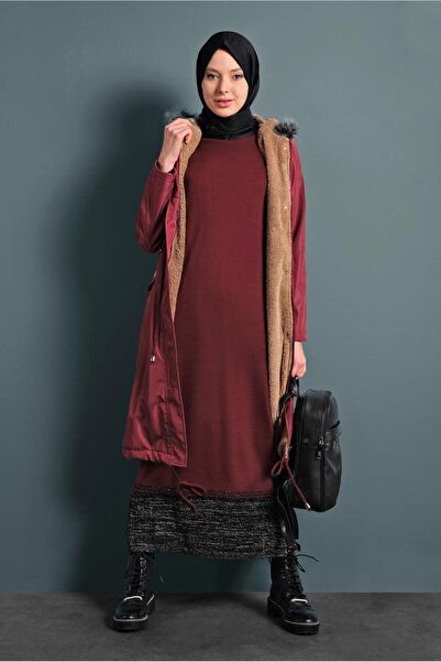 TRENDTESETTÜR Women's Burgundy Waist Part Drawstring Hooded Coat 5021