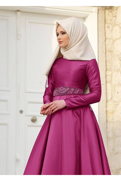 TRENDTESETTÜR Γυναικείο Φούξια T 1788 Tuay Taffeta Ζώνη με χάντρες Κεντημένο βραδινό φόρεμα
