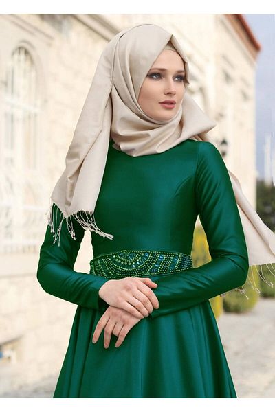 TRENDTESETTÜR Γυναικείο Πράσινο (Πράσινο) T 1788 Tuay Taffeta Ζώνη με χάντρες Κεντημένο βραδινό φόρεμα