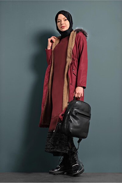 TRENDTESETTÜR Women's Burgundy Waist Part Drawstring Hooded Coat 5021