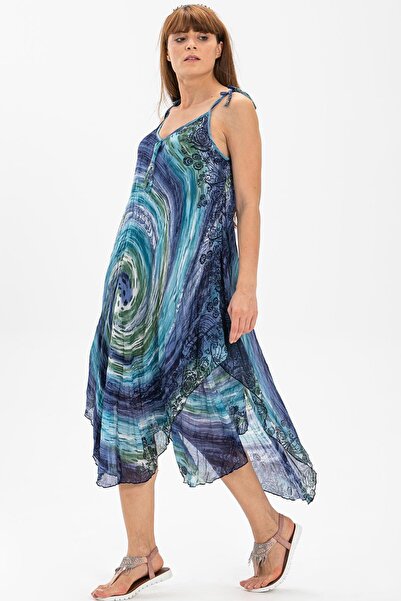 Eliş Şile Bezi Navy Blue Midi Aphrodite Dress - Strappy Voile Summer 6007