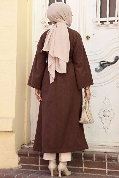 Neva Style Belted Brown Stamped Hijab Coat 61302Kh