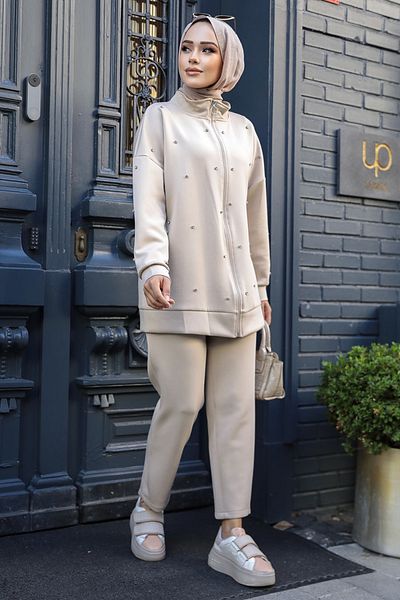 Neva Style طقم حجاب بيج مزدوج - سحاب، موديل 12401BEIGE