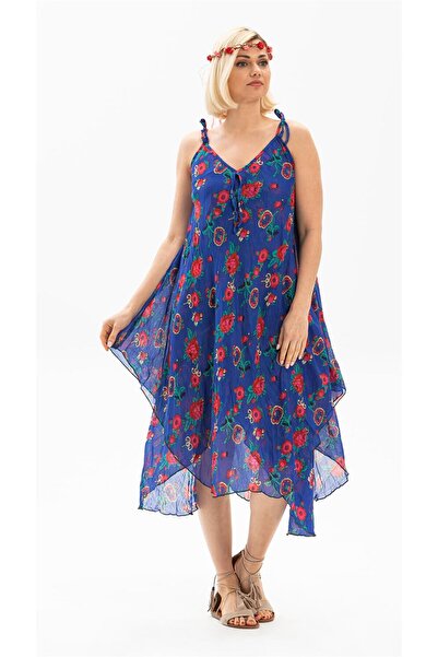 Eliş Şile Bezi Askılı Vual Afrodit Midi Boy Yazlık Elbise Saks 6085