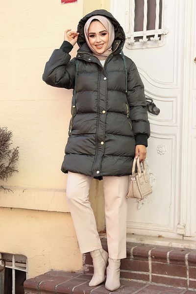 Neva Style Jachetă pufă Hijab verde petrol închis cu glugă 80191KPY