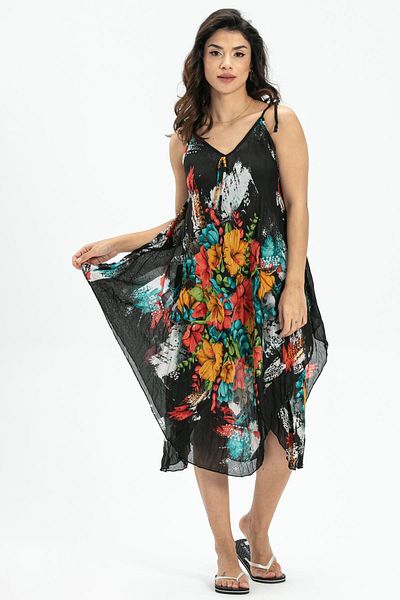 Eliş Şile Bezi Strappy Voile Aphrodite Midi Summer Dress Abstract Black 6153