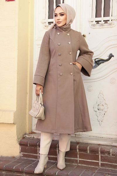 Neva Style Volan Sleeve Mink Stamp Hijab Coat 61112V