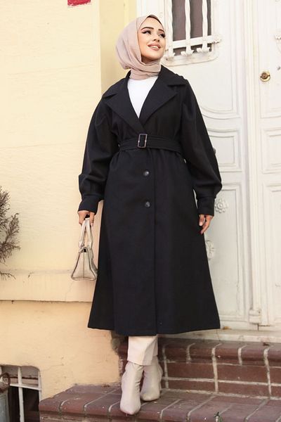 Neva Style Palton Hijab cu centură neagră - 61241S